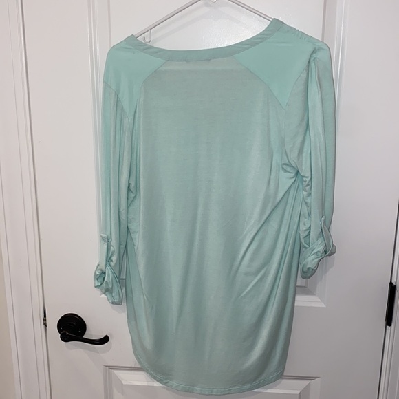 Pleione Mixed Media Tunic Split Neck Roll Sleeve - Aqua - Picture 4 of 6